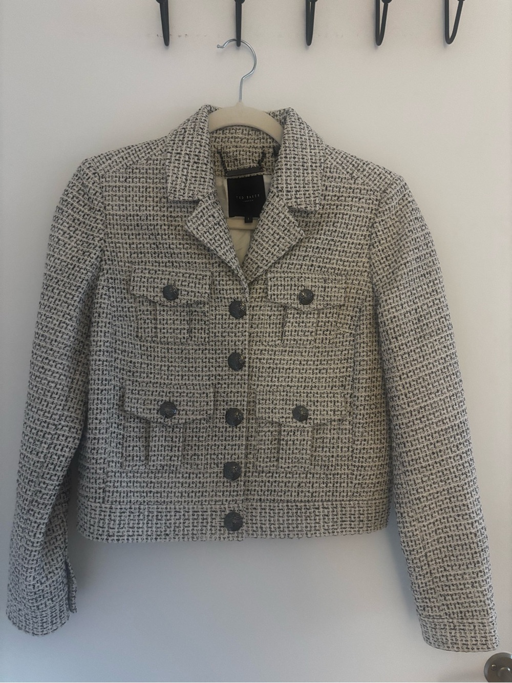 Ted Baker London Ivory and Black Tweed Cropped Jacket
